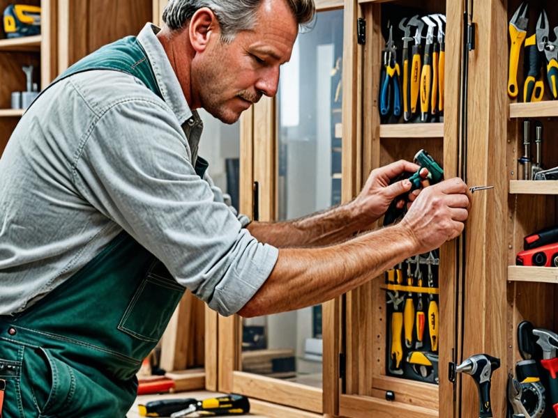 Professional craftsman working on cabinet installation