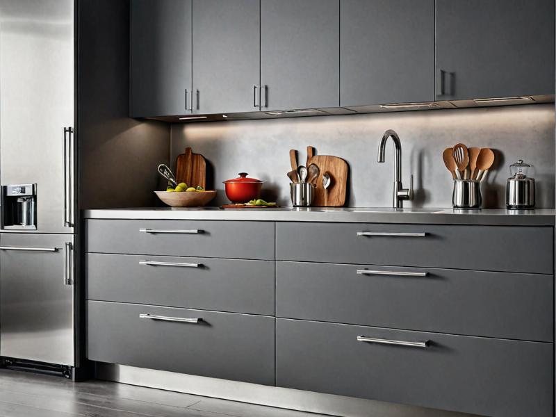 Contemporary gray kitchen cabinets with modern hardware