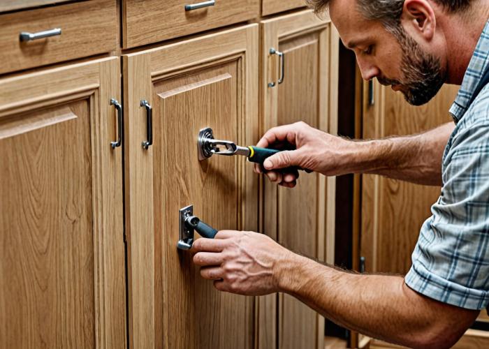 Expert craftsman installing cabinet doors with precision tools