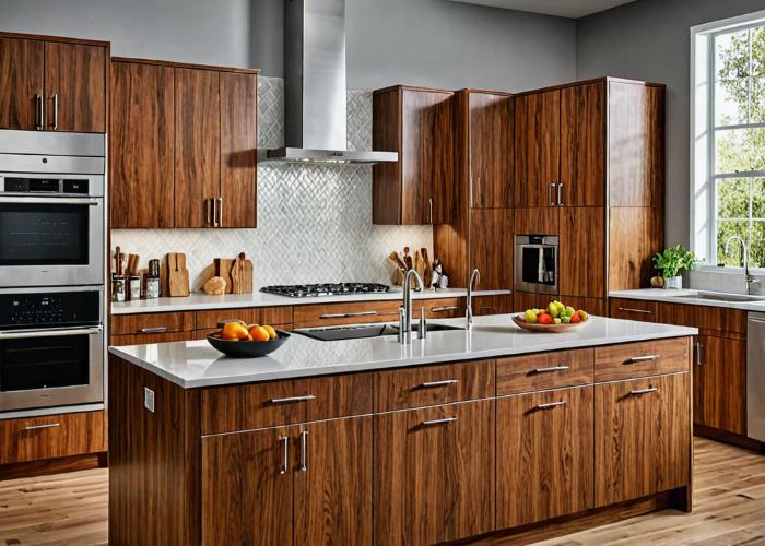 Modern kitchen with refinished wood cabinets showing expert craftsmanship